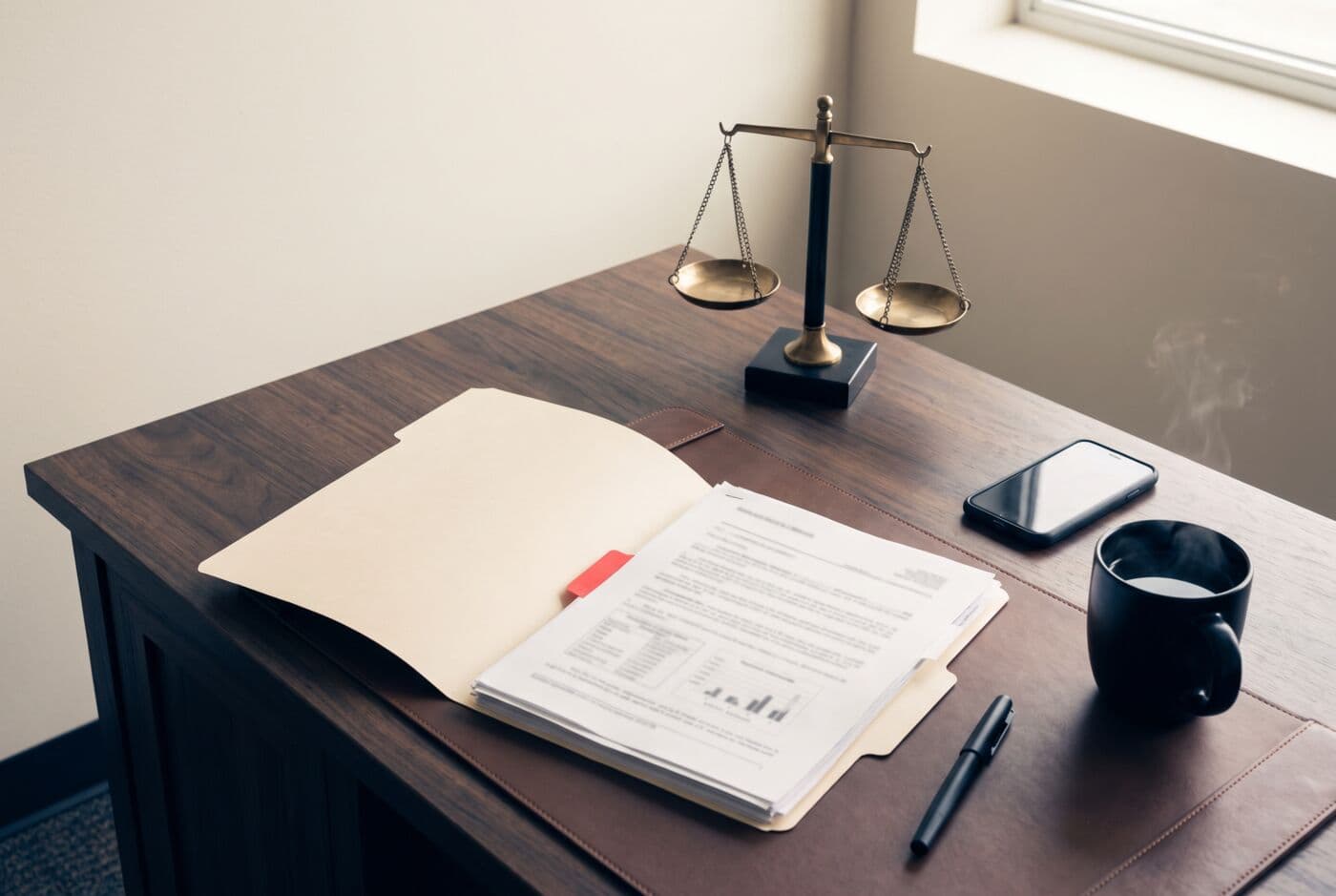 Law office desk with an accident file and scales of justice