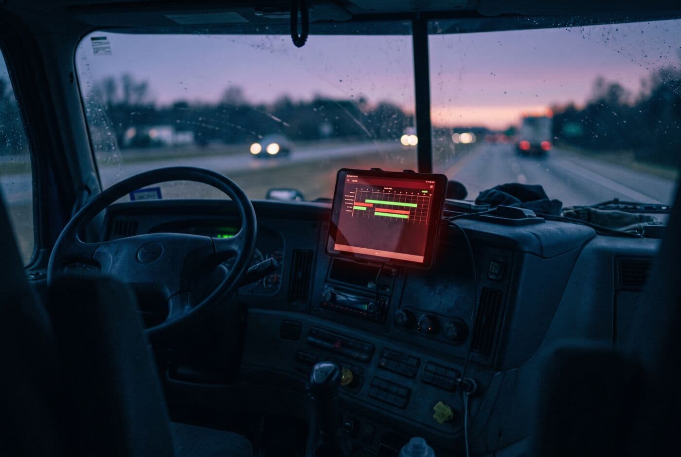 Electronic logging device mounted on a semi truck dashboard at dusk